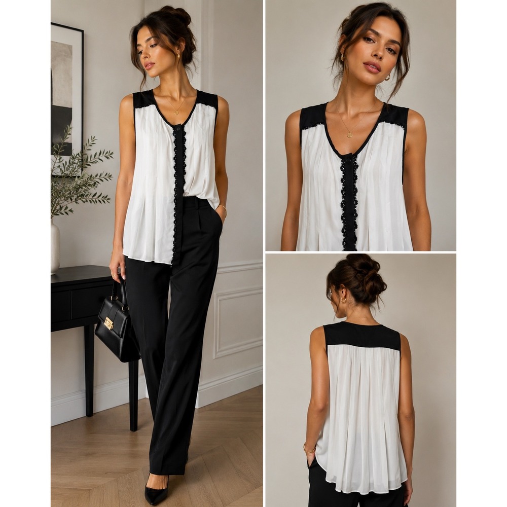 ELLE Sleeveless Blouse‎ Womens Large Ivory Black Lace Trim Pleated Chiffon Top